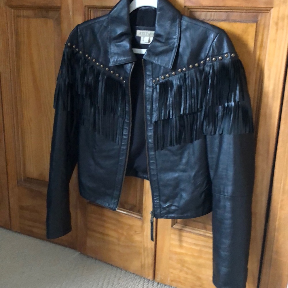100% black leather fringe jacket! NWOT